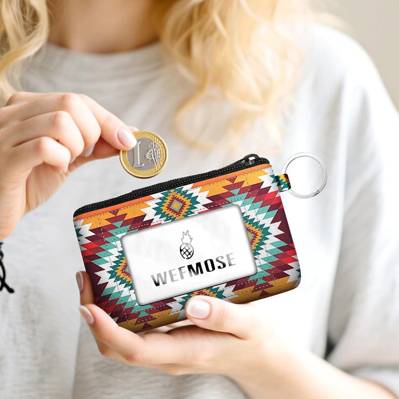 WEFMOSE Small Wallet Keychain with Clear ID Window Zipper Cute ID Case Coin Purse for Women Water Resistant Coin Pouch-Western Aztec Keychain Wallet - Image 2